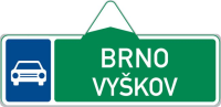 Dopravn znaka: IS 2b Smrov tabule pro pjezd k silnici pro motorov vozidla (s dvma cli)